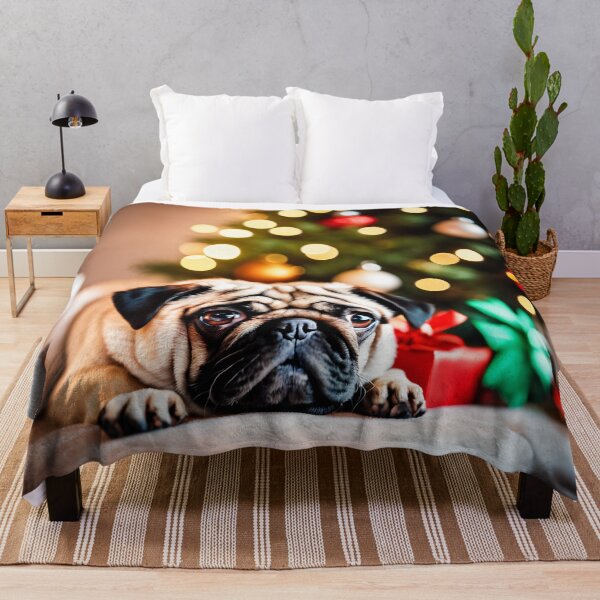 Item preview, Pug on Pillow by Christmas tree, Home Holiday Scene with Gifts designed and sold by nicecorgi.