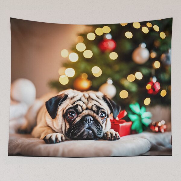 Item preview, Pug on Pillow by Christmas tree, Home Holiday Scene with Gifts designed and sold by nicecorgi.