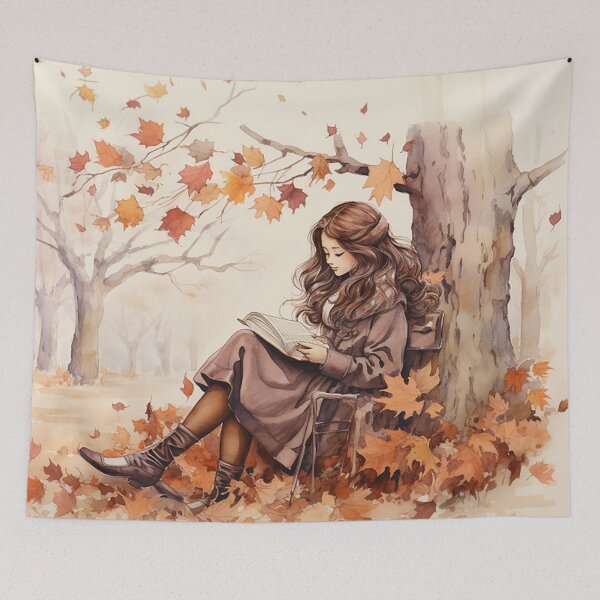 Item preview, Autumn Serenity: Woman Reading in a Park of Falling Leaves designed and sold by PaintbrushPlace.