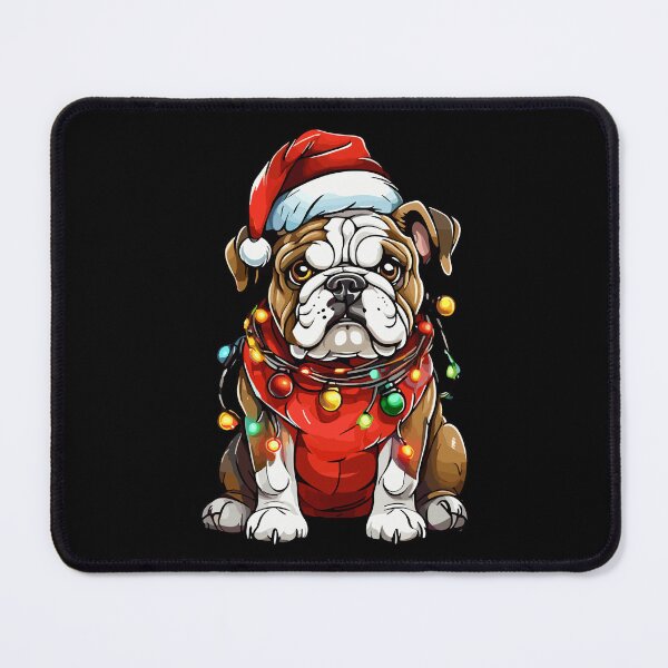 Item preview, Bulldog Tangled in Christmas Lights With Christmas Santa Hat and Christmas Sweater designed and sold by Peculiarts.