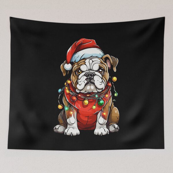 Item preview, Bulldog Tangled in Christmas Lights With Christmas Santa Hat and Christmas Sweater designed and sold by Peculiarts.