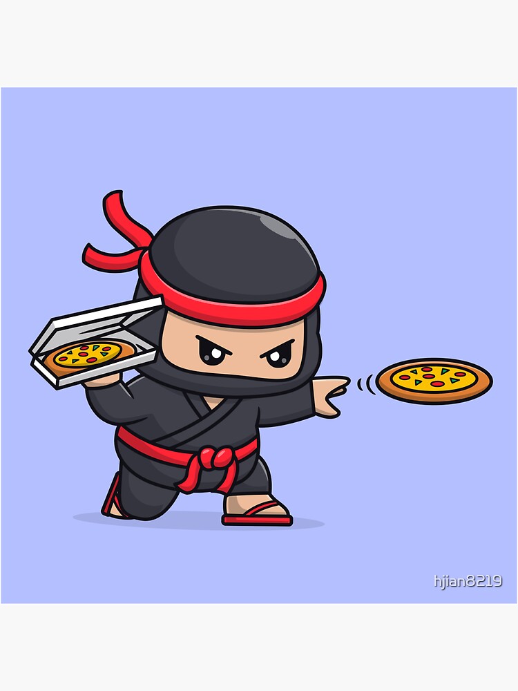 Cute Ninja Throw Pizza Shuriken Cartoon Vector Icon Illustration