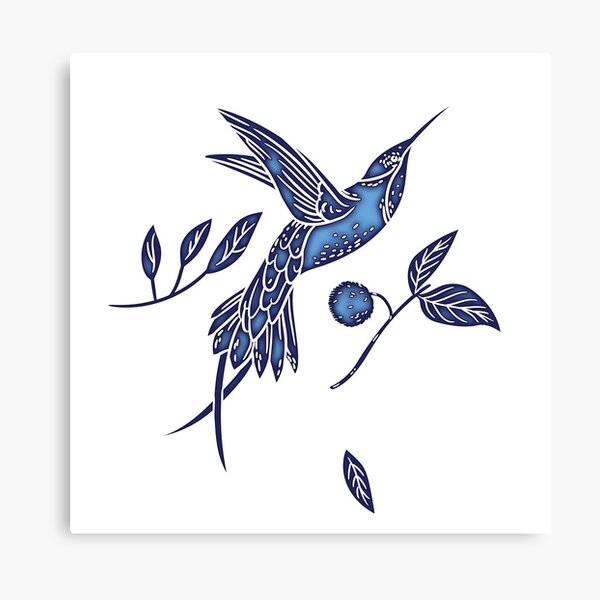 Delft Blue Humming Birds & Leaves Pattern Canvas Print