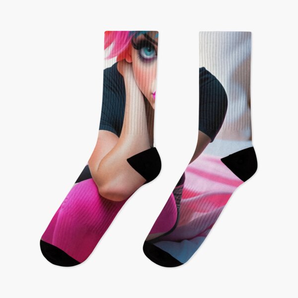 Item preview, Stunningly Beautiful Woman Pink & Purple Hair Pink Thigh High Socks designed and sold by Butler in the Home.
