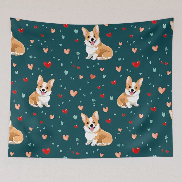 Item preview, cute Corgi dog pattern on green turquoise with hearts designed and sold by WallyPink.
