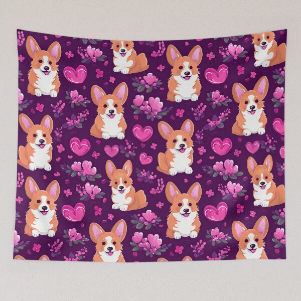 Item preview, cute Corgi dog with pink and purple flowers and hearts design designed and sold by WallyPink.