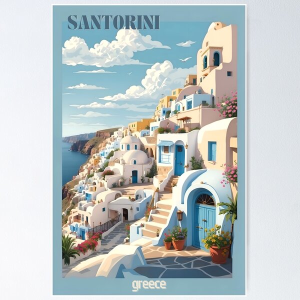 Item preview, Explore Santorini's Charm: Vintage Retro Travel Poster designed and sold by Ceemko's Vintage Corner.