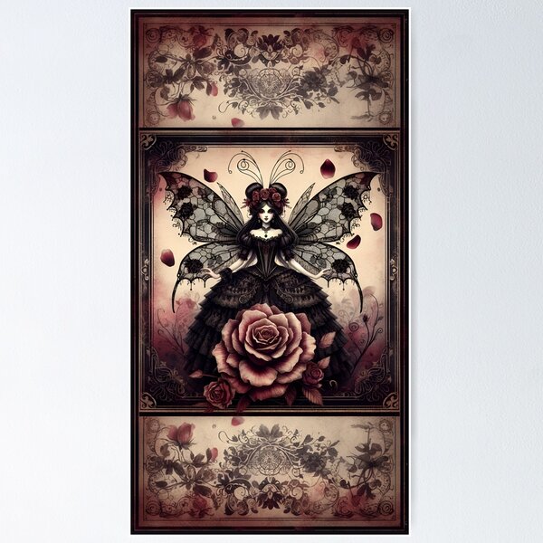 Item preview, Romantic Gothic Victorian Style Fairy with Roses in Black and Burgundy Red designed and sold by coreexpressions.