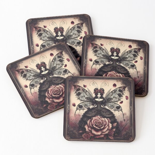 Item preview, Romantic Gothic Victorian Style Fairy with Roses in Black and Burgundy Red designed and sold by coreexpressions.
