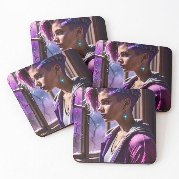 Item preview, Stunningly Beautiful Woman with Pink Purple Colorful Hair Looking Out Her Frosted Winter Window designed and sold by Butler in the Home.