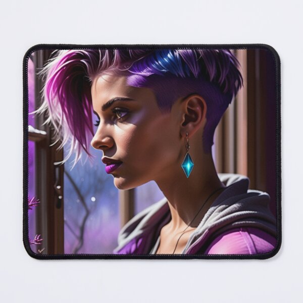 Item preview, Stunningly Beautiful Woman with Pink Purple Colorful Hair Looking Out Her Frosted Winter Window designed and sold by Butler in the Home.