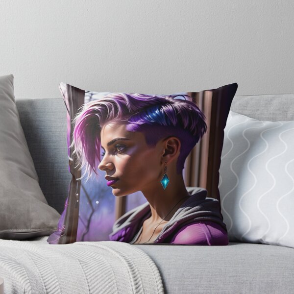 Item preview, Stunningly Beautiful Woman with Pink Purple Colorful Hair Looking Out Her Frosted Winter Window designed and sold by Butler in the Home.