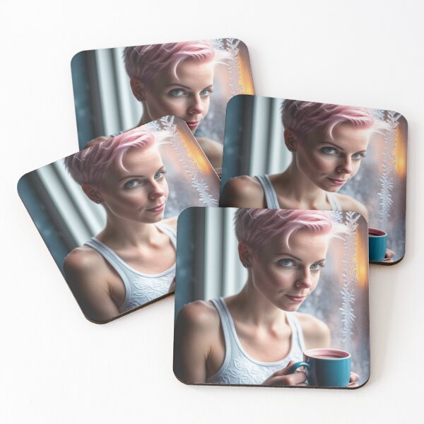 Item preview, Stunningly Beautiful Woman with Pink Colorful Hair Looking Out Her Frosted Winter Window designed and sold by Butler in the Home.