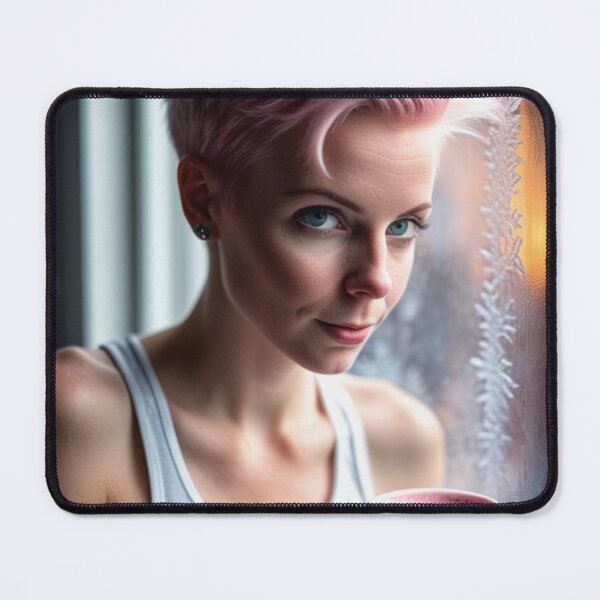 Item preview, Stunningly Beautiful Woman with Pink Colorful Hair Looking Out Her Frosted Winter Window designed and sold by Butler in the Home.