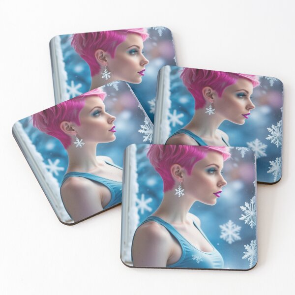 Item preview, Stunningly Beautiful Woman with Pink Colorful Hair Looking Out Her Frosted Winter Window designed and sold by Butler in the Home.