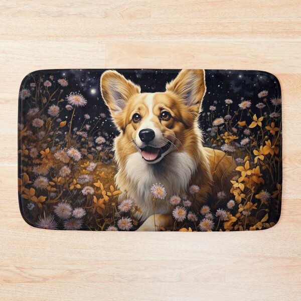 Item preview, cute Corgi dog on a flower meadow in the moonlight designed and sold by WallyPink.