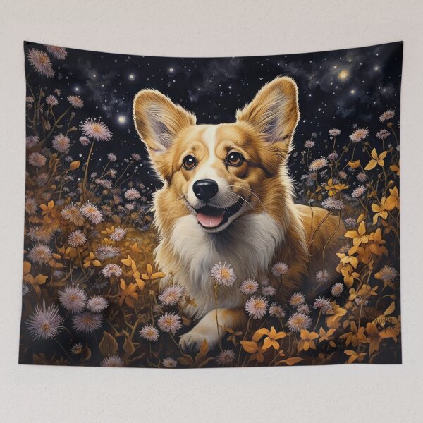 Item preview, cute Corgi dog on a flower meadow in the moonlight designed and sold by WallyPink.