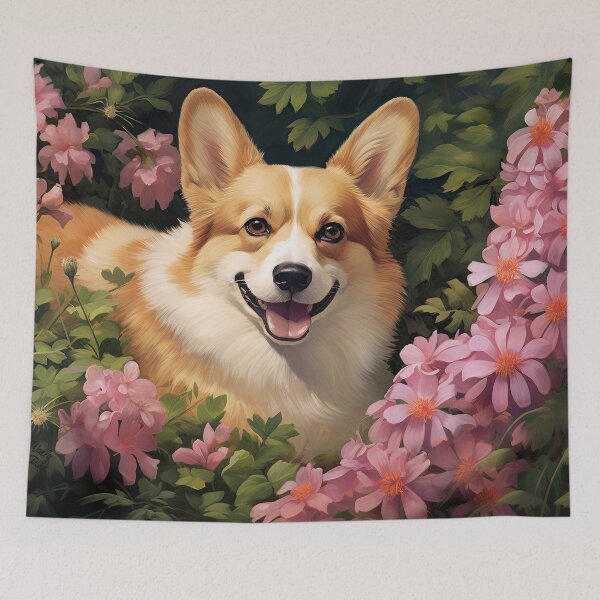 Item preview, cute Welsh Corgi dog in the flower garden designed and sold by WallyPink.