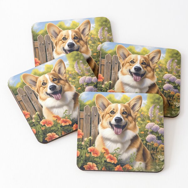 Item preview, cute Welsh Corgi dog in the middle of blooming flowers designed and sold by WallyPink.