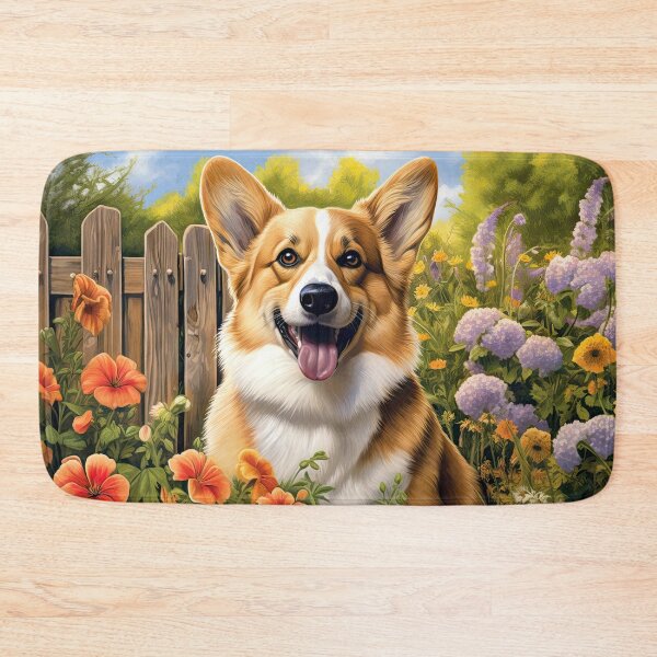 Item preview, cute Welsh Corgi dog in the middle of blooming flowers designed and sold by WallyPink.