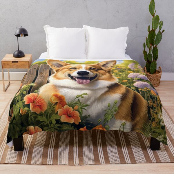 Item preview, cute Welsh Corgi dog in the middle of blooming flowers designed and sold by WallyPink.