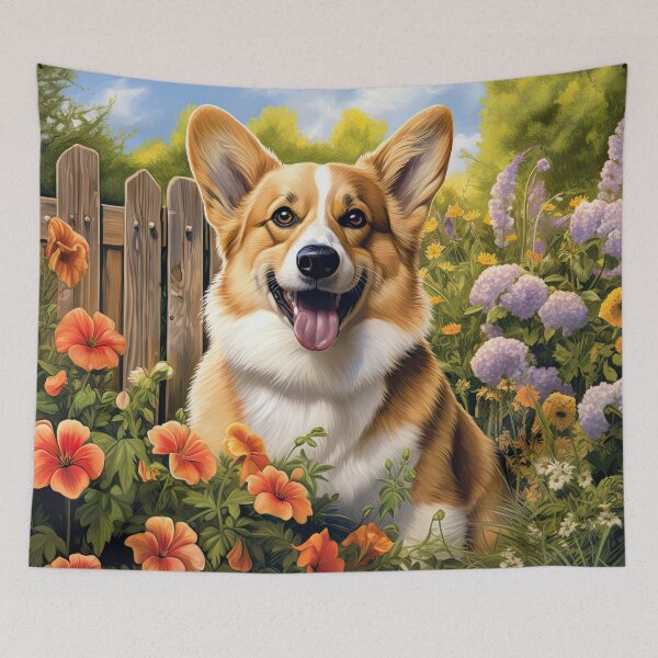 Item preview, cute Welsh Corgi dog in the middle of blooming flowers designed and sold by WallyPink.