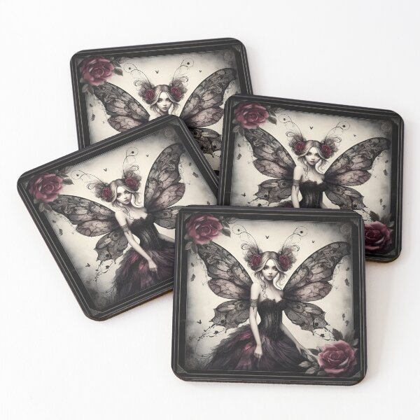 Item preview, Romantic Gothic Victorian Style Fairy with Roses in Black and Burgundy Red designed and sold by coreexpressions.