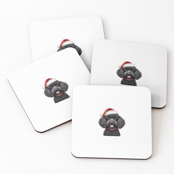 Item preview, Christmas illustration: Happy Black poodle with red Santa hat designed and sold by HappyNoireArt.