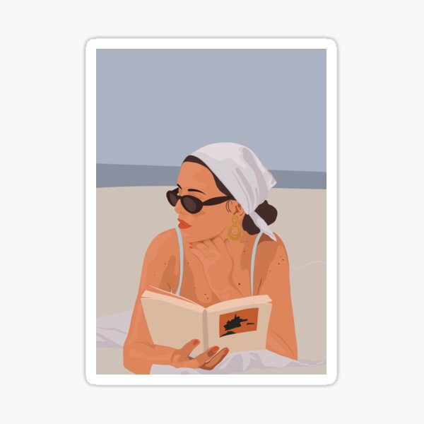 Coastal Tranquility: Woman Reading by the Sea Sticker