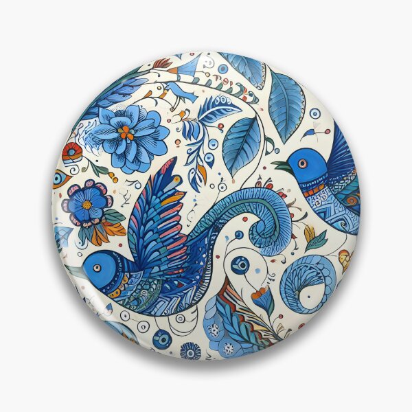 Artikelvorschau, Madhubani-Gemälde, blaue Vögel und Blumen entworfen und verkauft von ARTHOUSE2030.