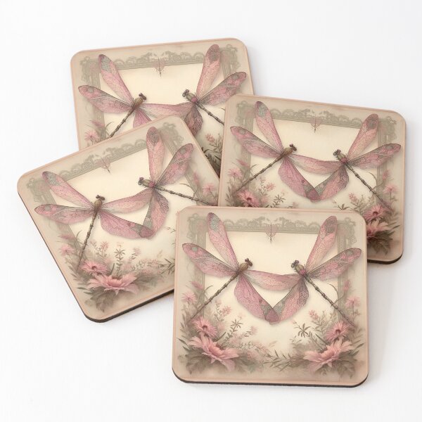 Item preview, Vintage Style Dragonfly Art in in Dusty Pink, Peach and Sage Green with Lace and Florals designed and sold by coreexpressions.