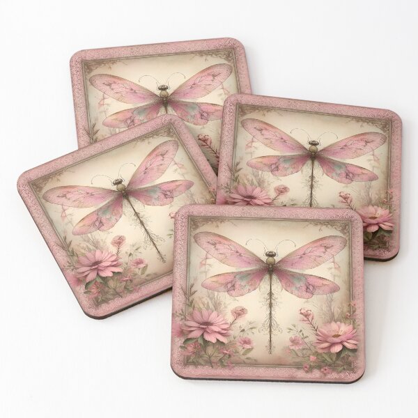 Item preview, Vintage Style Dragonfly Art in in Dusty Pink, Peach and Sage Green with Lace and Florals designed and sold by coreexpressions.