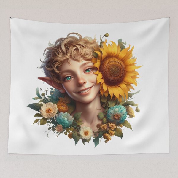 Item preview, Smiling elf with showy flowering sunflower designed and sold by marccelusshop.