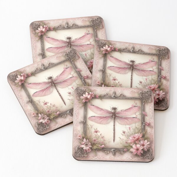 Item preview, Vintage Style Dragonfly Art in in Dusty Pink, Peach and Sage Green with Lace and Florals designed and sold by coreexpressions.