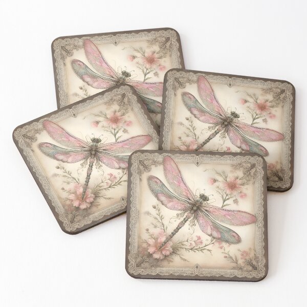 Item preview, Vintage Style Dragonfly Art in in Dusty Pink, Peach and Sage Green with Lace and Florals designed and sold by coreexpressions.