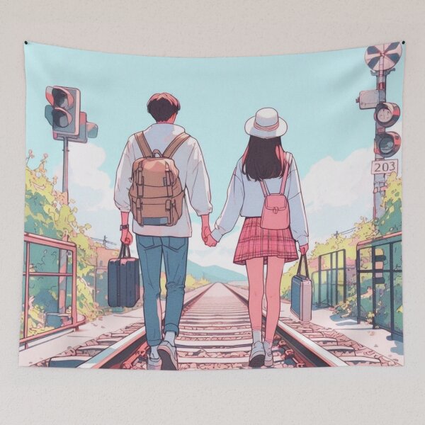 Item preview, A couple walking hand in hand on the train tracks. designed and sold by growing-mom.
