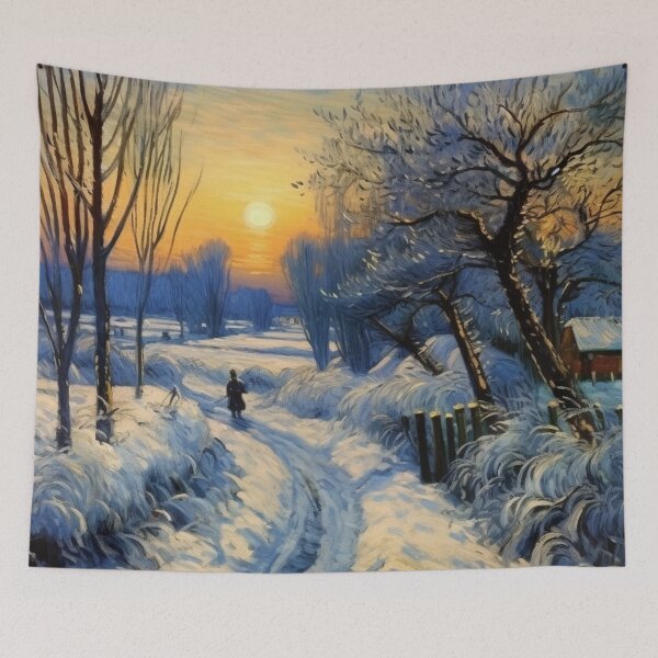 Item preview, A Village Path in Winter in Yellow and Blue Impressionistic designed and sold by AgathaZolastore.