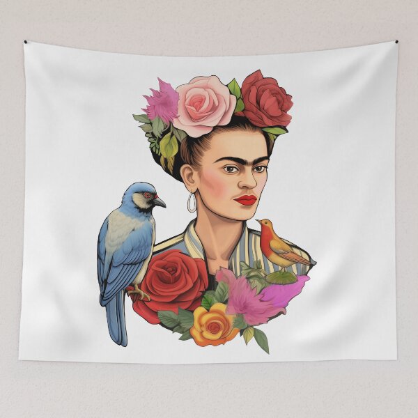 Item preview, Frida Kahlo self portrait colorful pop art floral with birds designed and sold by Carinaprint.