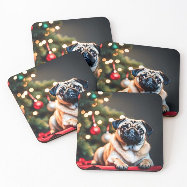 Item preview, Pug Posing in Front of Christmas Tree in Studio designed and sold by nicecorgi.