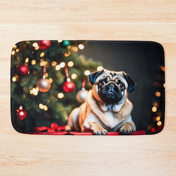 Item preview, Pug Posing in Front of Christmas Tree in Studio designed and sold by nicecorgi.