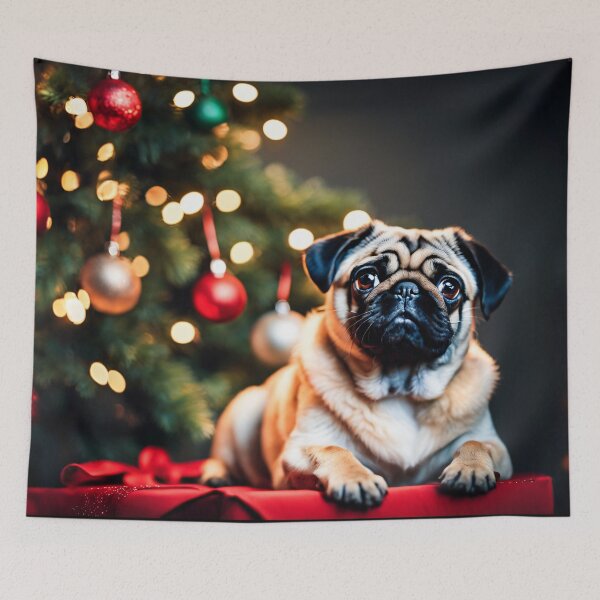 Item preview, Pug Posing in Front of Christmas Tree in Studio designed and sold by nicecorgi.