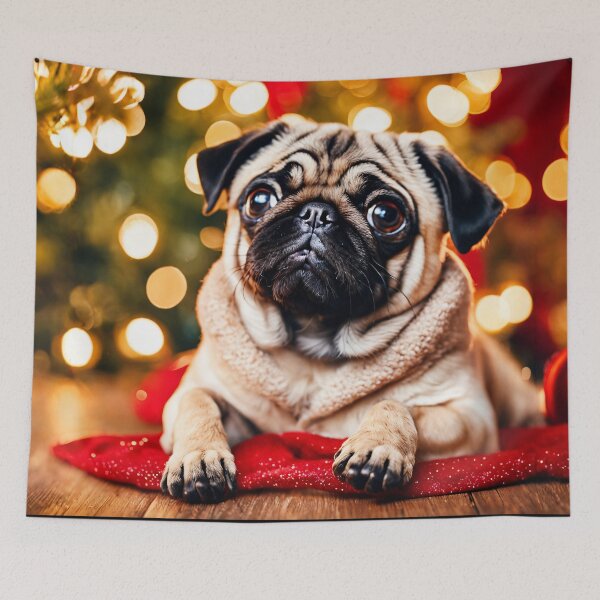 Item preview, Cute Pug Portrait in Warm Christmas Holiday Scene designed and sold by nicecorgi.