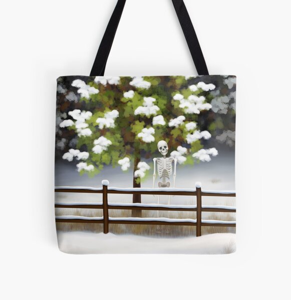"Bones of Winter" Skeleton Standing in Snow All Over Print Tote Bag