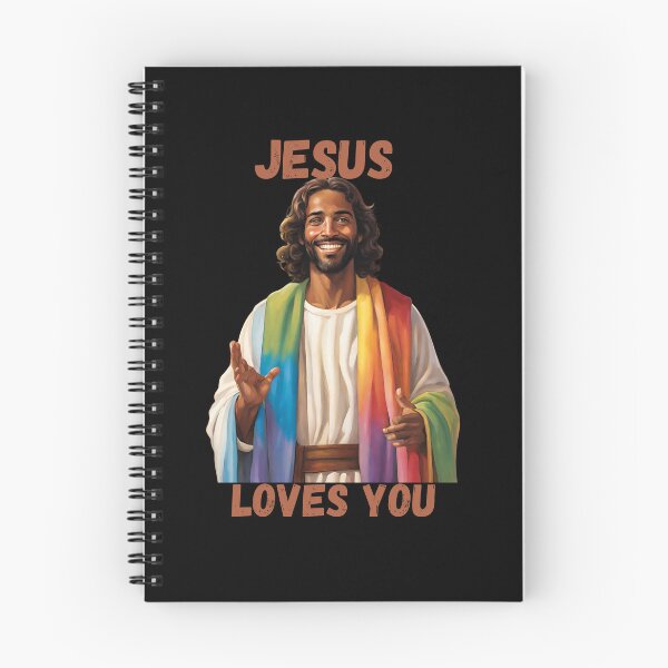Item preview, Jesus Loves You, with brown skinned Jesus wearing rainbow robe designed and sold by CheekyGrace.