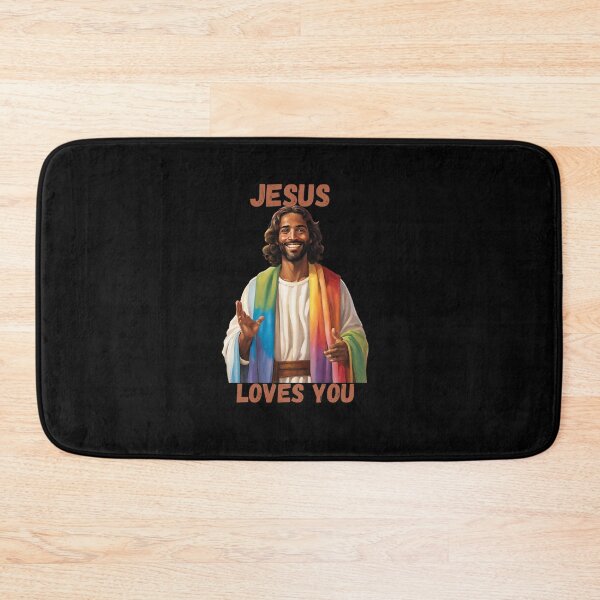 Item preview, Jesus Loves You, with brown skinned Jesus wearing rainbow robe designed and sold by CheekyGrace.