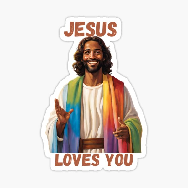 Item preview, Jesus Loves You, with brown skinned Jesus wearing rainbow robe designed and sold by CheekyGrace.