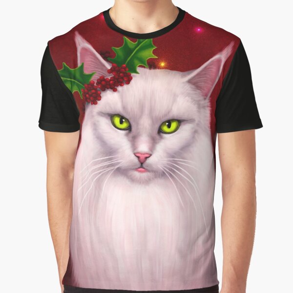 "Kat Kringle" White Christmas Cat Wearing Holly Graphic T-Shirt