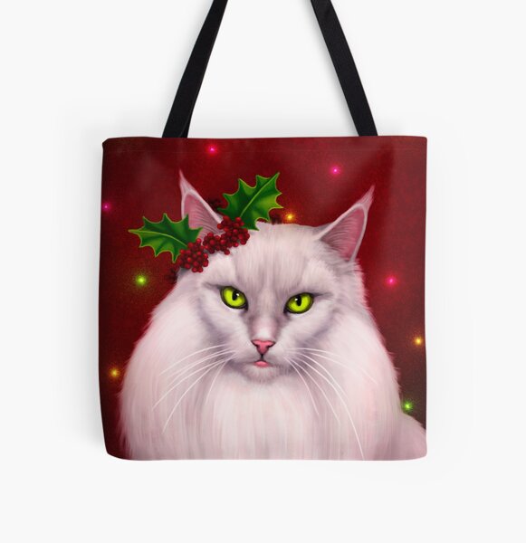 "Kat Kringle" White Christmas Cat Wearing Holly All Over Print Tote Bag