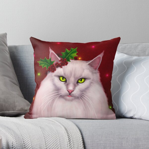 "Kat Kringle" White Christmas Cat Wearing Holly Throw Pillow