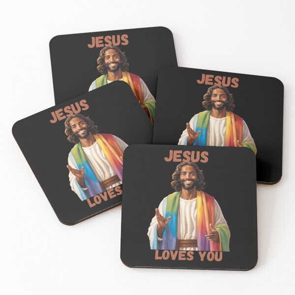 Item preview, Jesus Loves You, with brown skinned Jesus wearing rainbow robe designed and sold by CheekyGrace.